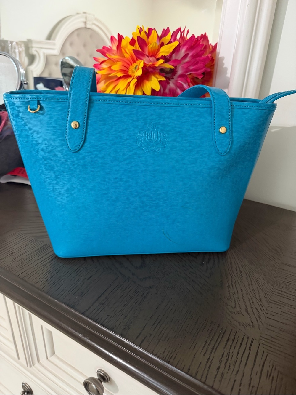 Turquoise Lauren Ralph Leather Tote Bag with Gold tone